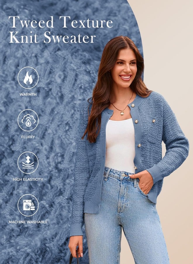 GRACE KARIN Women's Long Sleeve Cardigans Open Front Button Down Sweaters Outerwear Tweed Knit Cute Lady Jacket 2025 Light Blue - Image 4